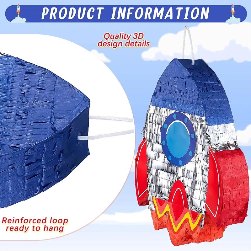 Rocket Ship Pinata Set [4-Piece] – Metallic Silver Foil – Space Theme