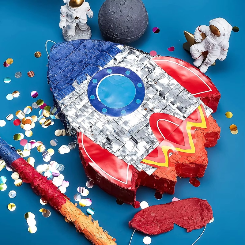 Rocket Ship Pinata Set [4-Piece] – Metallic Silver Foil – Space Theme