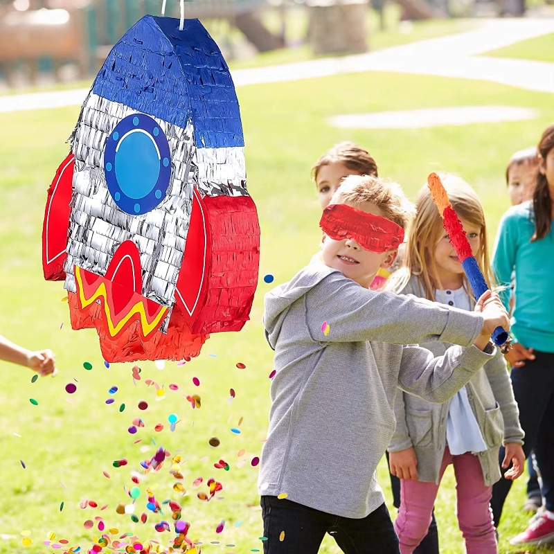 Rocket Ship Pinata Set [4-Piece] – Metallic Silver Foil – Space Theme
