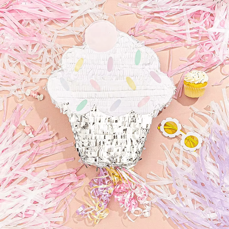 Silver Cupcake Pinata – Pull-String for Baptism & Christening