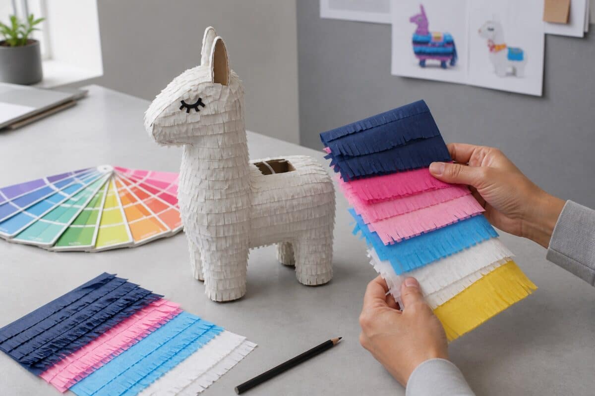 Illustrative custom pinata color and tissue paper review on a product development worktable