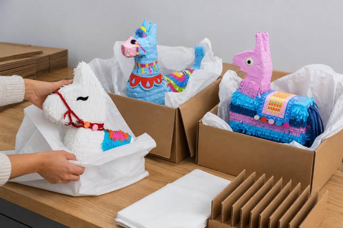 Illustrative protective packing preparation for handmade custom pinatas in cartons