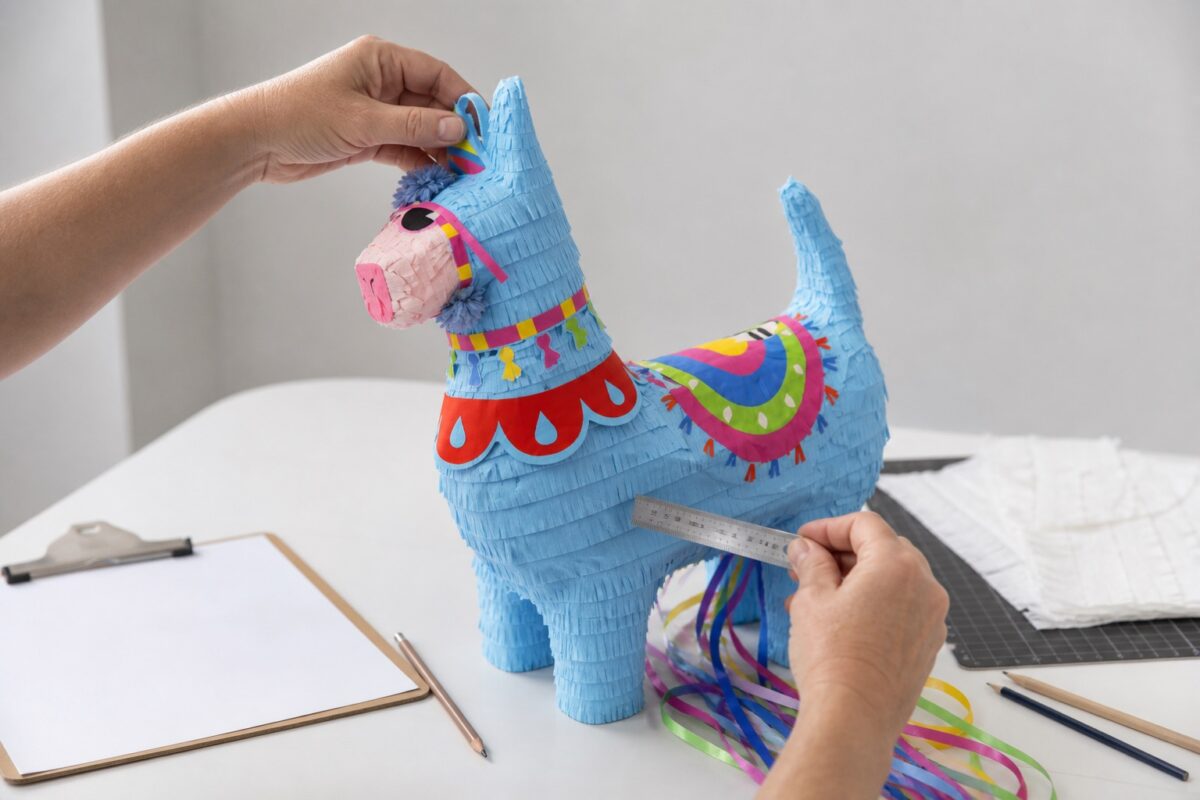 Illustrative custom pinata sample inspection with ruler, hanging loop and pull strings
