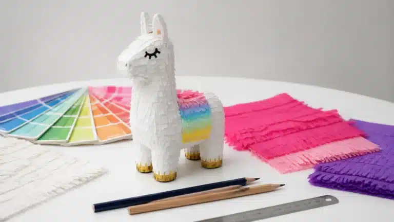 White llama pinata beside fringe tissue paper and color swatches on a design worktable