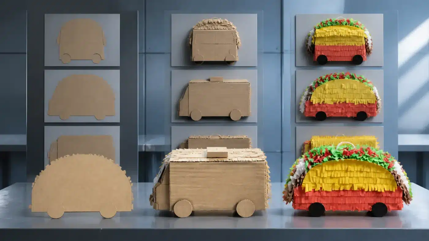 Custom shaped pinata shown from cardboard silhouette to finished paper form