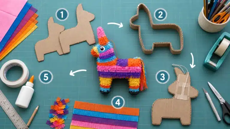 Cardboard pinata making stages with body, hanging support and paper fringe
