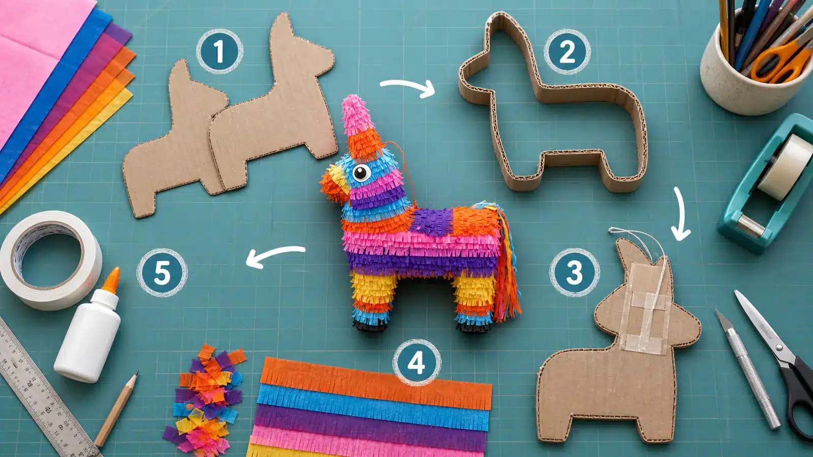 Build a simple cardboard pinata by deciding the use first, forming a hollow body, adding a hanging point and finishing with layered paper fringe.