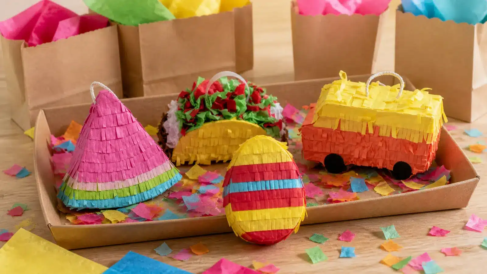 Mini pinatas arranged as party favors and tabletop products