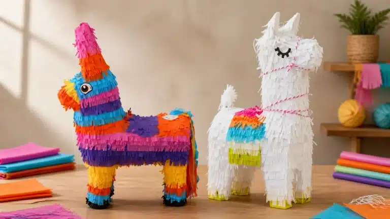 Classic donkey and white llama pinatas showing hand-applied paper fringe and recognizable silhouettes