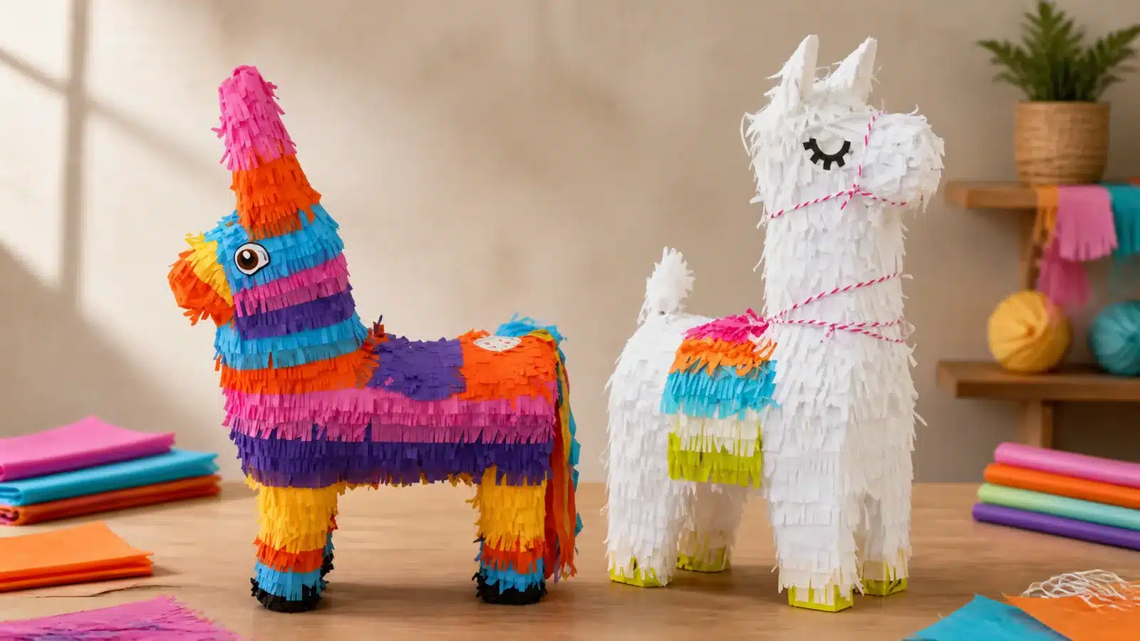 Classic donkey and white llama pinatas showing hand-applied paper fringe and recognizable silhouettes