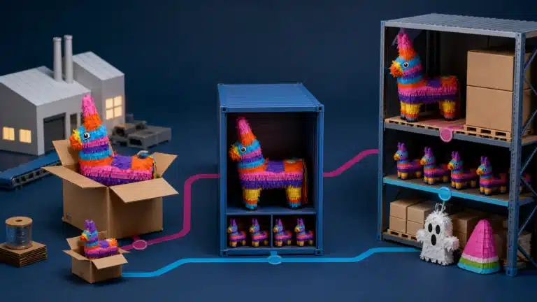 Pinata landed cost journey from factory carton through container to warehouse storage