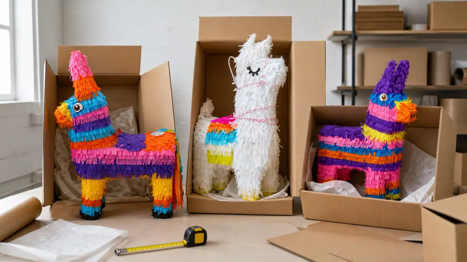 Irregular pinata shapes arranged with cartons for packaging and freight planning