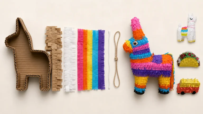 Pinata structure, paper fringe, adhesive and cord arranged beside finished products