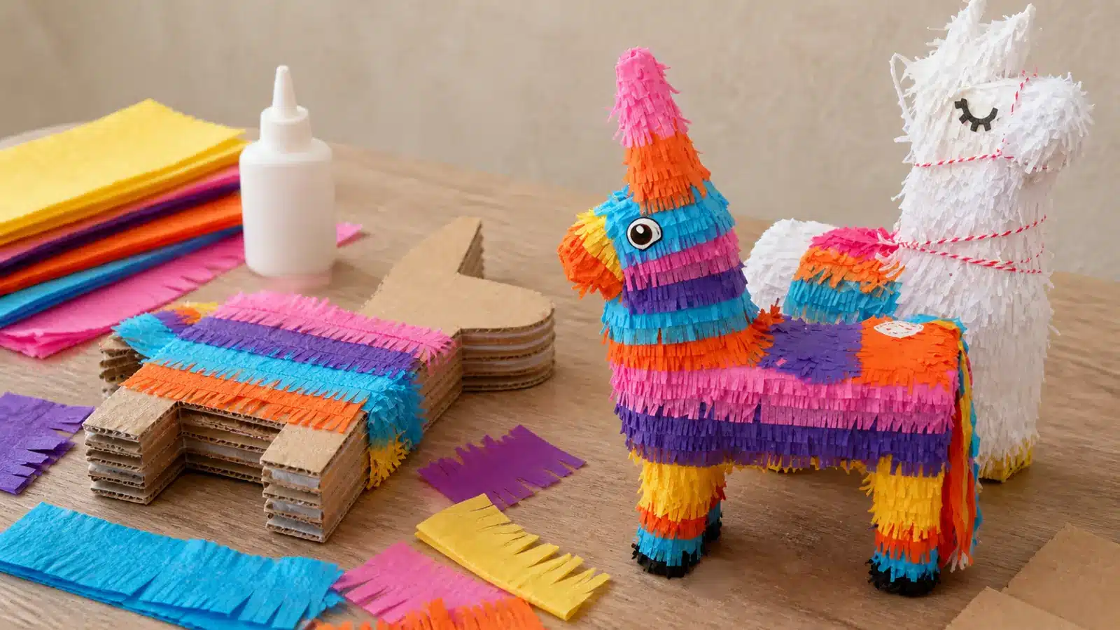 Pinata paper structure colored fringe and hand-finishing materials