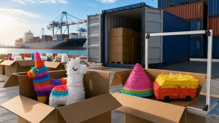 Open pinata cartons beside an ocean container showing freight volume planning